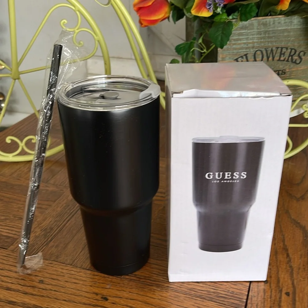 NWB GUESS Black Tumbler with Straw